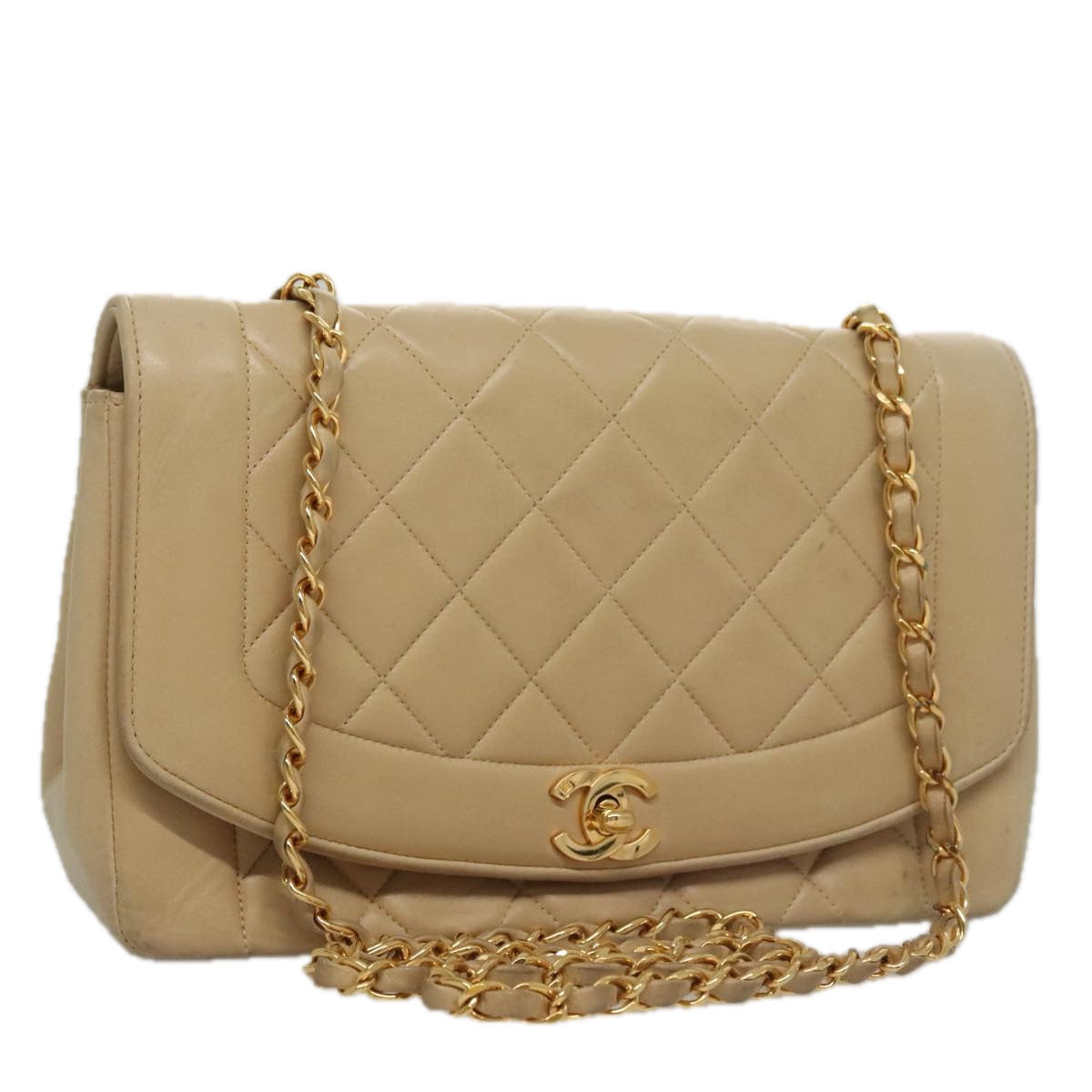 CHANEL Matelasse Chain Diana Shoulder Bag Lamb Skin Beige Gold CC 98933