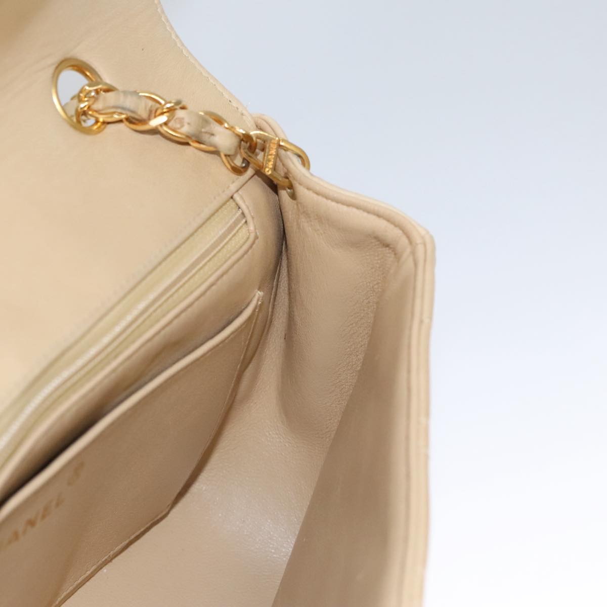 CHANEL Matelasse Chain Diana Shoulder Bag Lamb Skin Beige Gold CC 98933