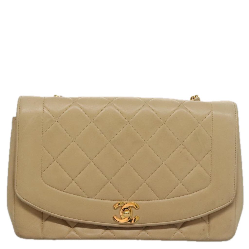 CHANEL Matelasse Chain Diana Shoulder Bag Lamb Skin Beige Gold CC 98933