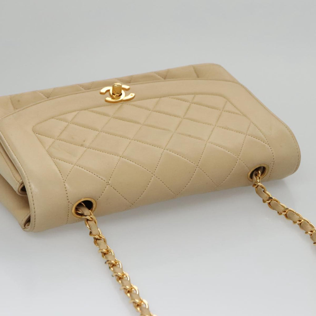 CHANEL Matelasse Chain Diana Shoulder Bag Lamb Skin Beige Gold CC 98933