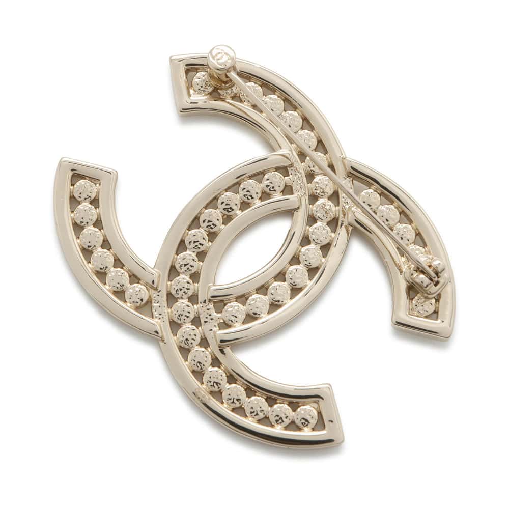CHANEL CC Logo Brooch Champagne Gold Metal Rhinestone