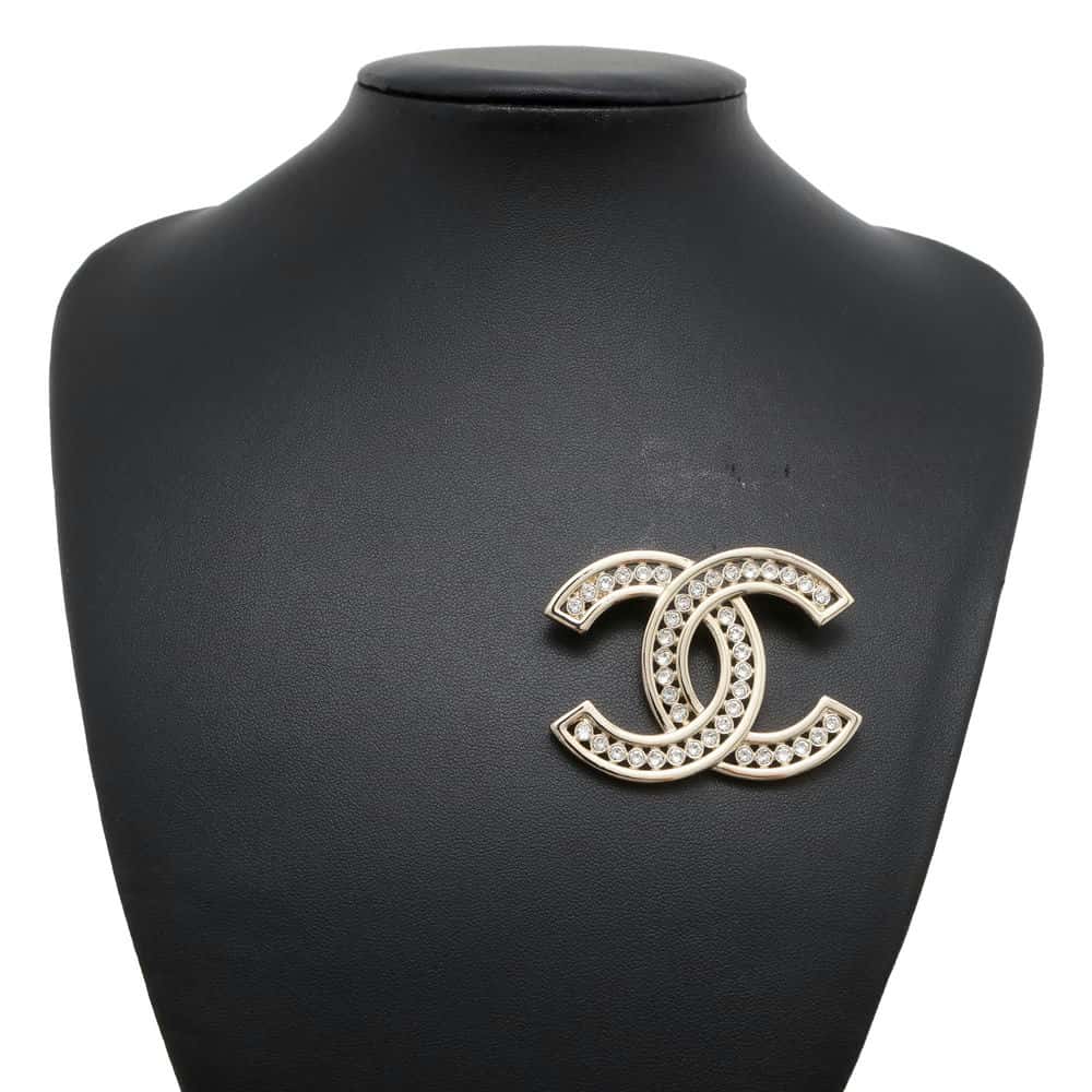 CHANEL CC Logo Brooch Champagne Gold Metal Rhinestone