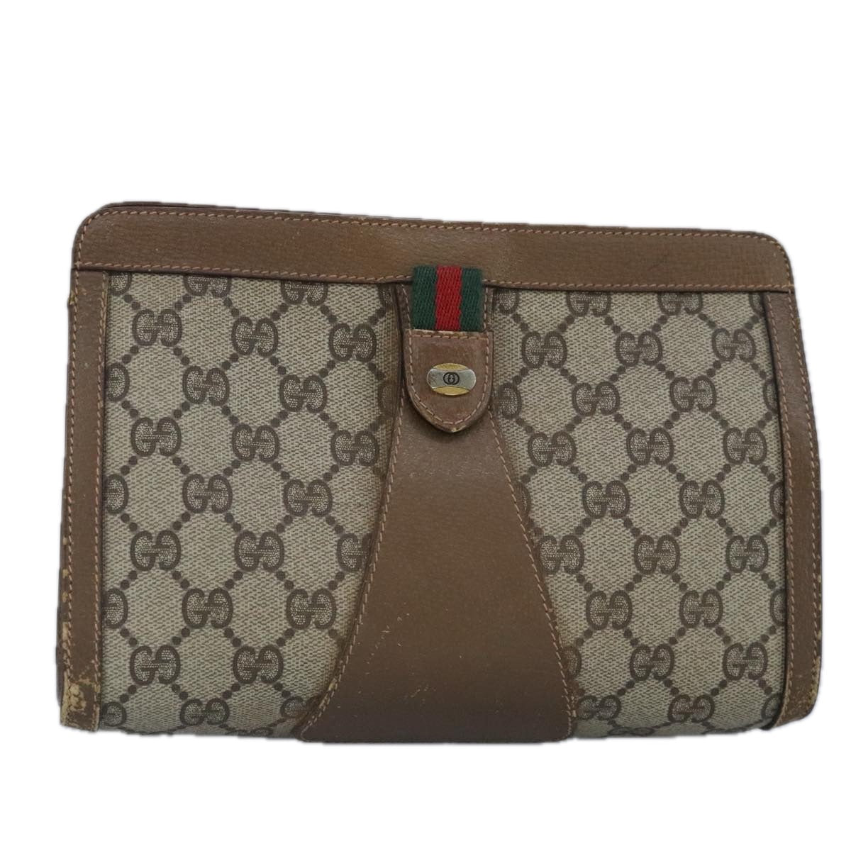 GUCCI GG Supreme Web Sherry Line Clutch Bag PVC Beige Red 98953