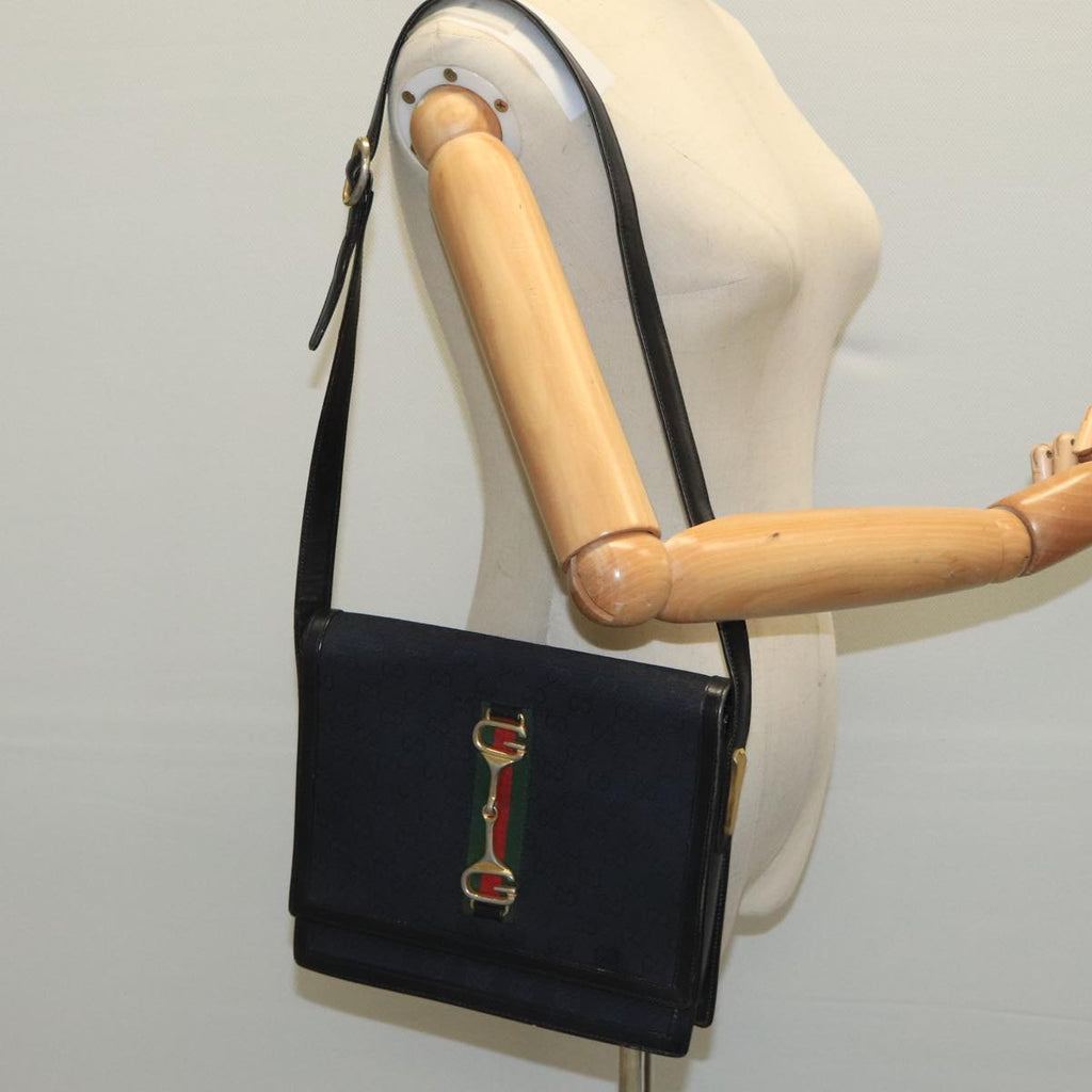 GUCCI GG Canvas Web Sherry Line Horsebit Shoulder Bag Black Red Green 98979