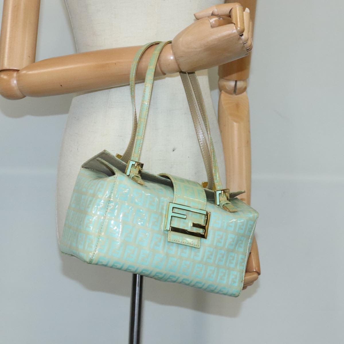 FENDI Zucchino Canvas Hand Bag Patent leather Green 99134