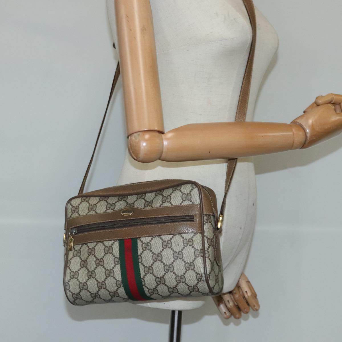 GUCCI GG Supreme Web Sherry Line Shoulder Bag PVC Beige Red 99137