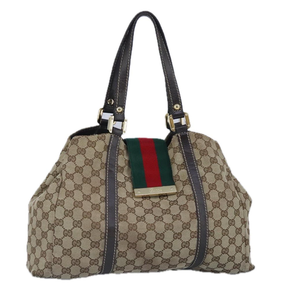 GUCCI GG Canvas Hand Bag Web Sherry Line Beige Gold 211935 99143