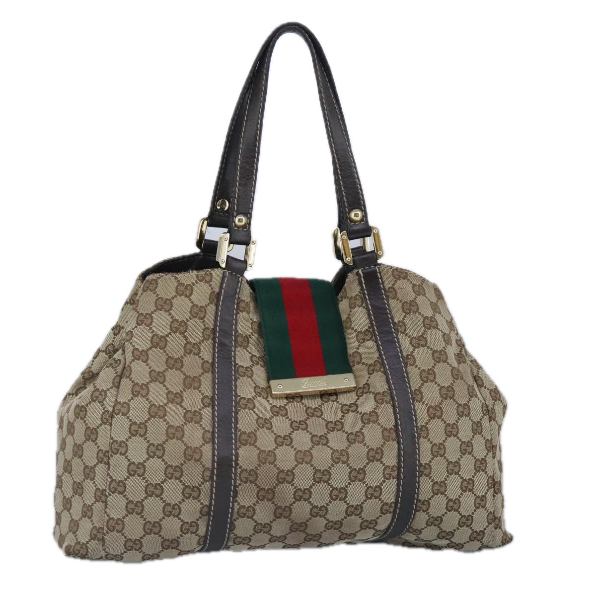 GUCCI GG Canvas Hand Bag Web Sherry Line Beige Gold 211935 99143
