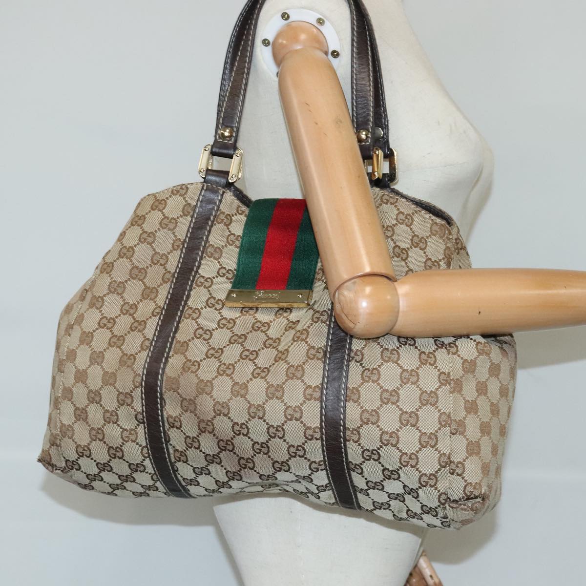 GUCCI GG Canvas Hand Bag Web Sherry Line Beige Gold 211935 99143