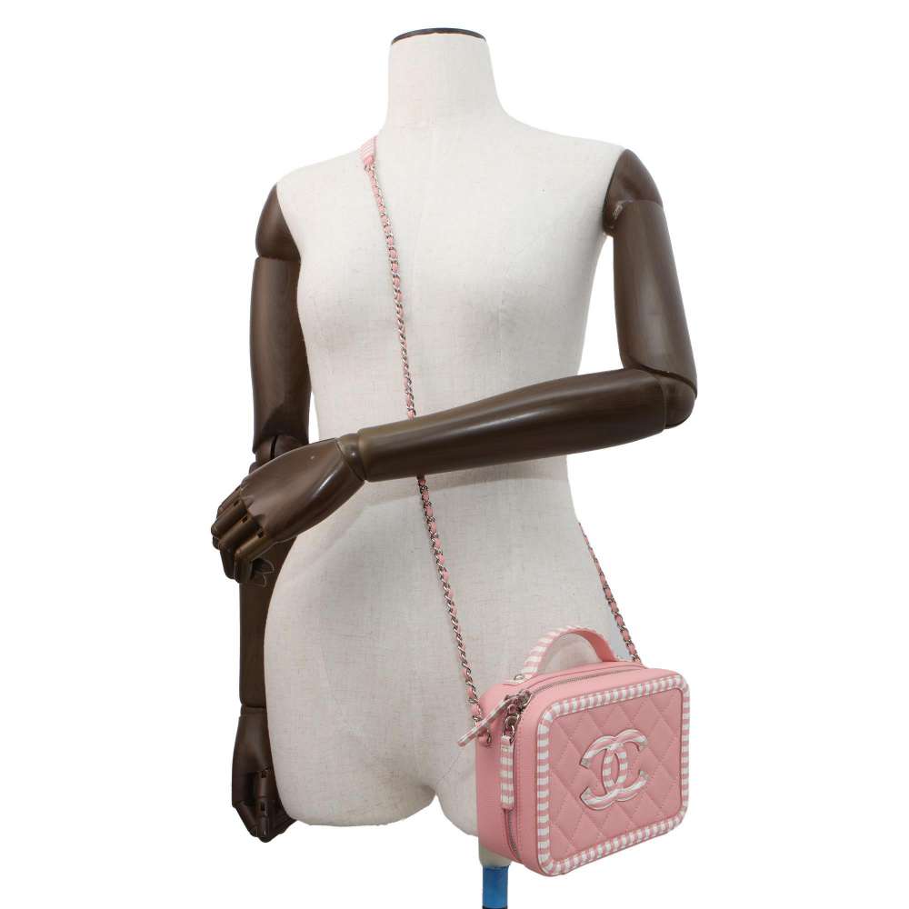 CHANEL CC Fidigree Chain Vanity Bag Pink/WhiteA93342 Caviar Leather Size Small