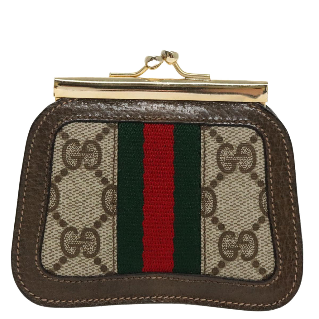GUCCI GG Supreme Web Sherry Line Coin Purse PVC Beige Gold Red 99225
