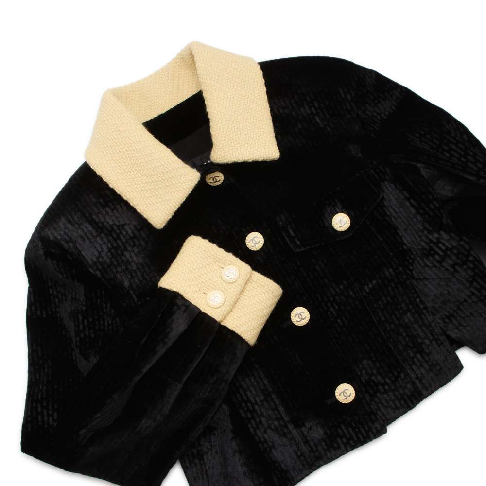 CHANEL Velvet Tweed Jacket Size 38 Black/BeigeP73311 Rayon80% Silk 18% Polyester2%