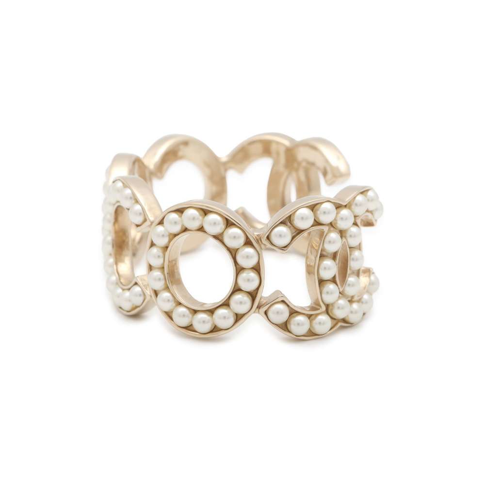 CHANEL Coco Motif Bracelet Size S Champagne Gold Metal Faux Pearl