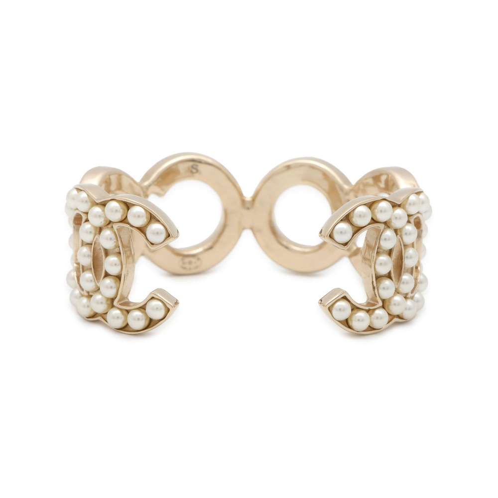 CHANEL Coco Motif Bracelet Size S Champagne Gold Metal Faux Pearl