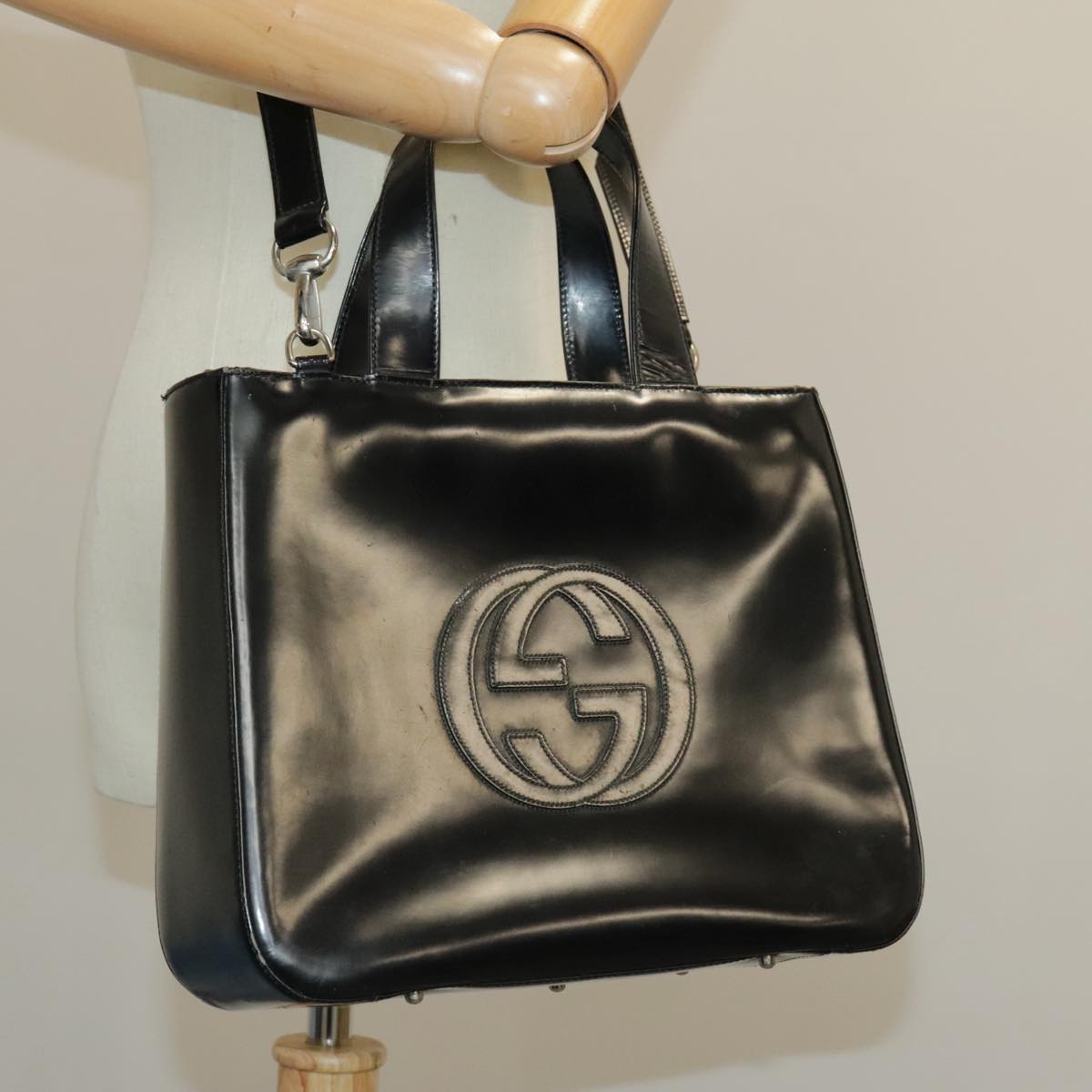 GUCCI Hand Bag Enamel 2way Black Silver 000 2058 0504 5 99303