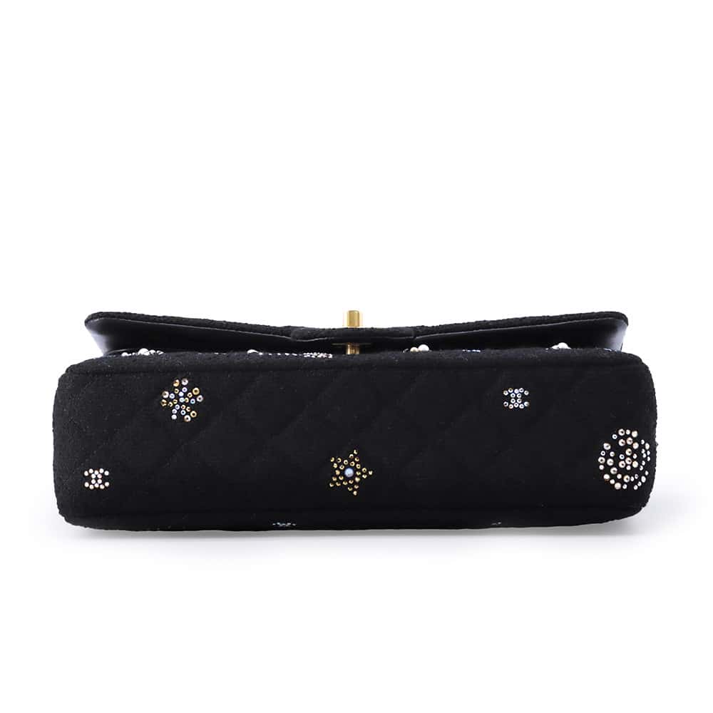 CHANEL Matelasse W Flap ChainShoulder Bag BlackA01112 Tweed Rhinestone Size 25
