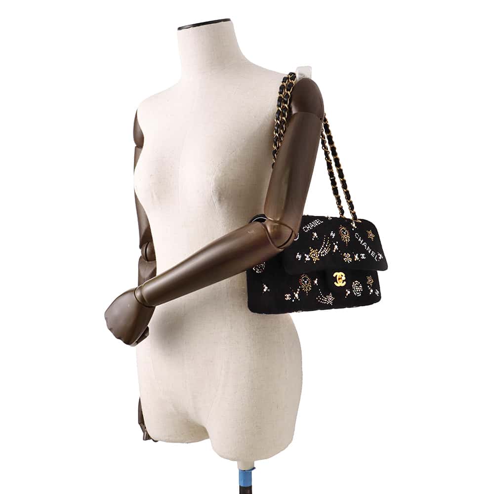 CHANEL Matelasse W Flap ChainShoulder Bag BlackA01112 Tweed Rhinestone Size 25