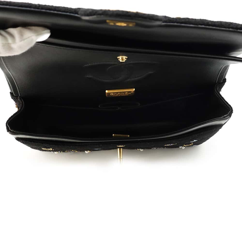 CHANEL Matelasse W Flap ChainShoulder Bag BlackA01112 Tweed Rhinestone Size 25