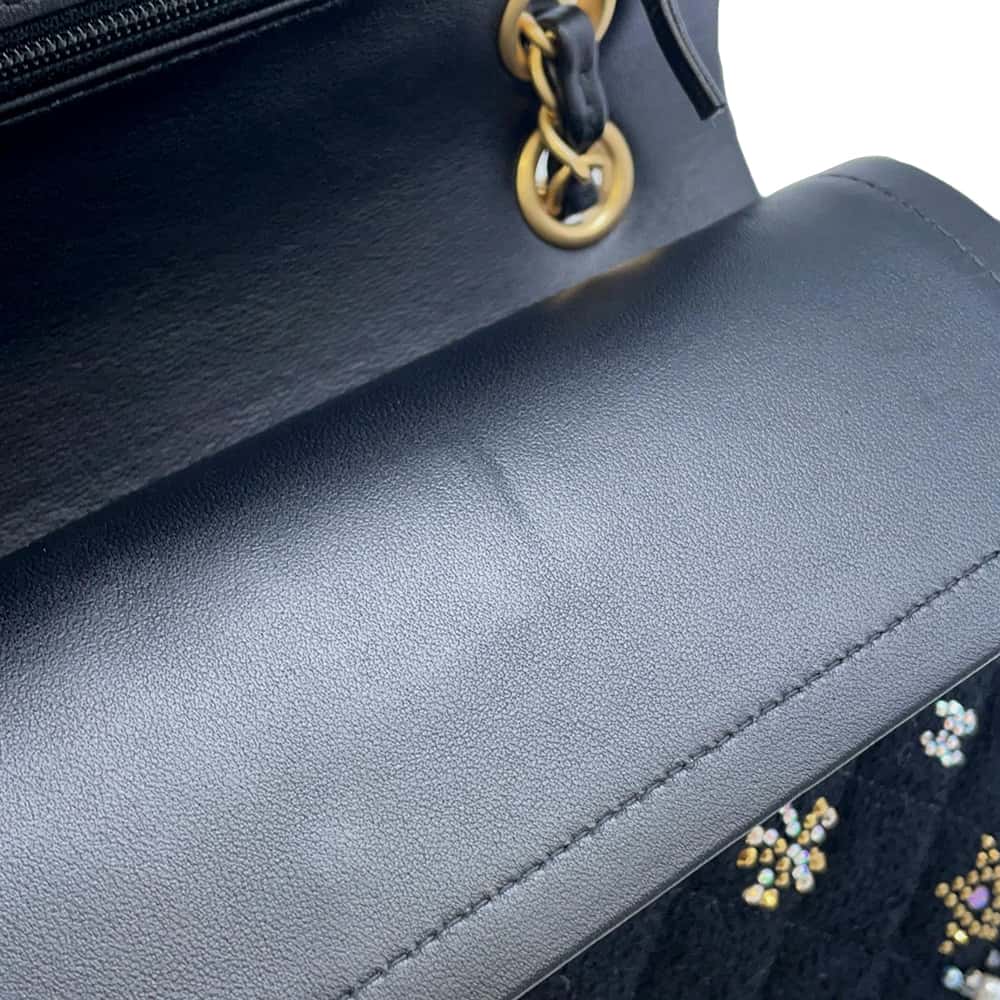 CHANEL Matelasse W Flap ChainShoulder Bag BlackA01112 Tweed Rhinestone Size 25