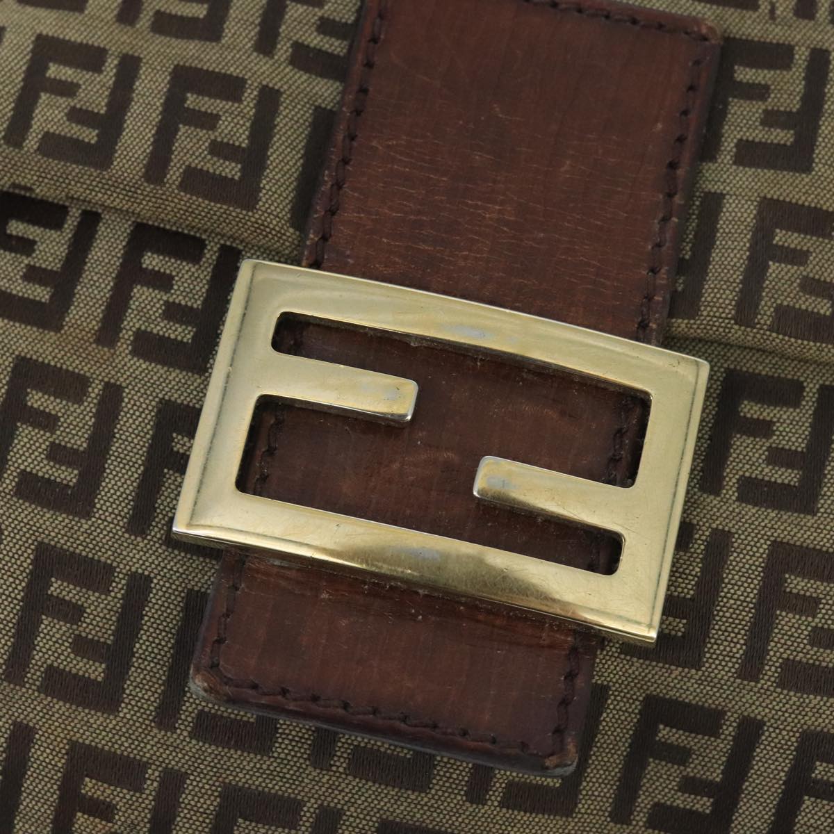 FENDI Zucchino Canvas Mamma Baguette Shoulder Bag Beige Gold 99429