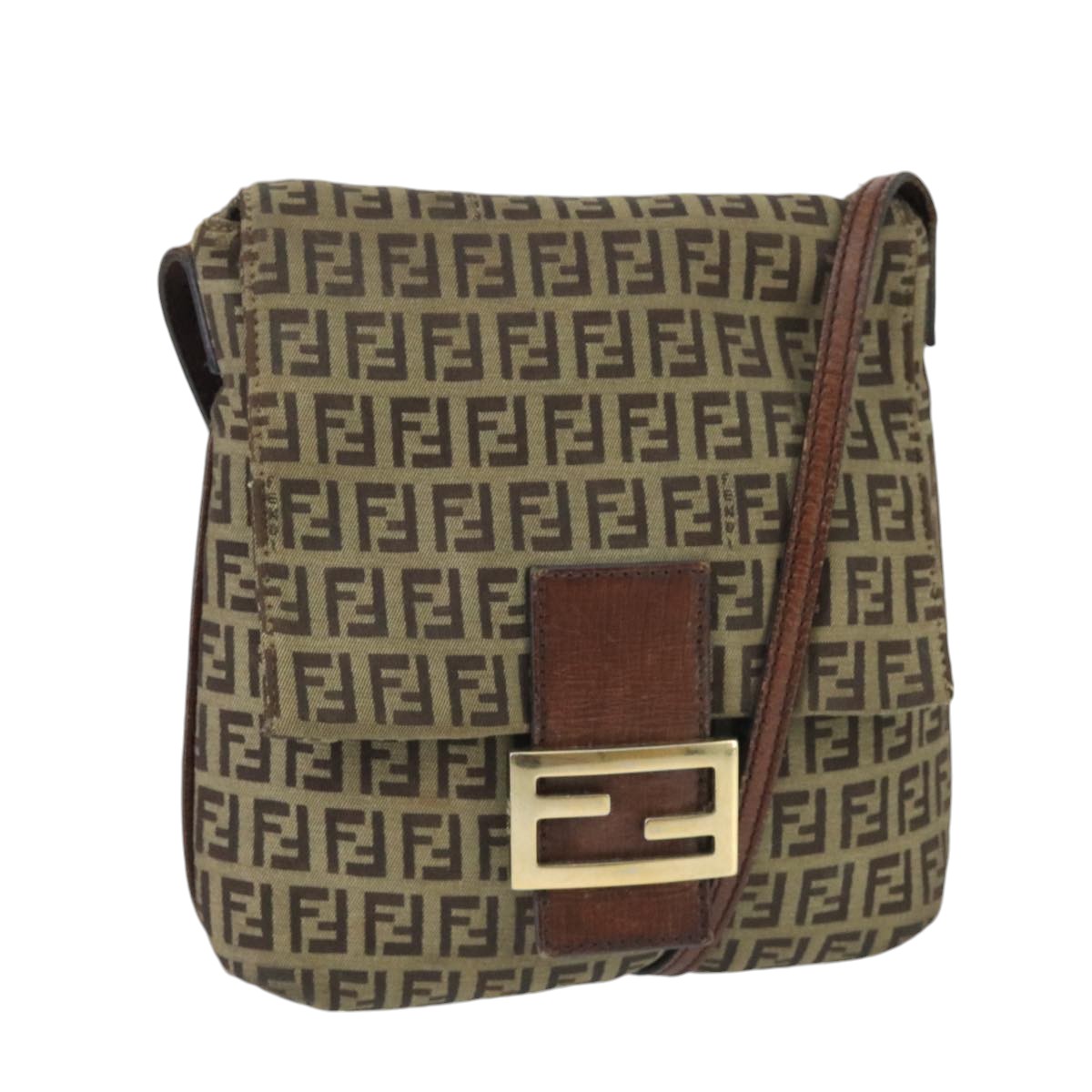 FENDI Zucchino Canvas Mamma Baguette Shoulder Bag Beige Gold 99429