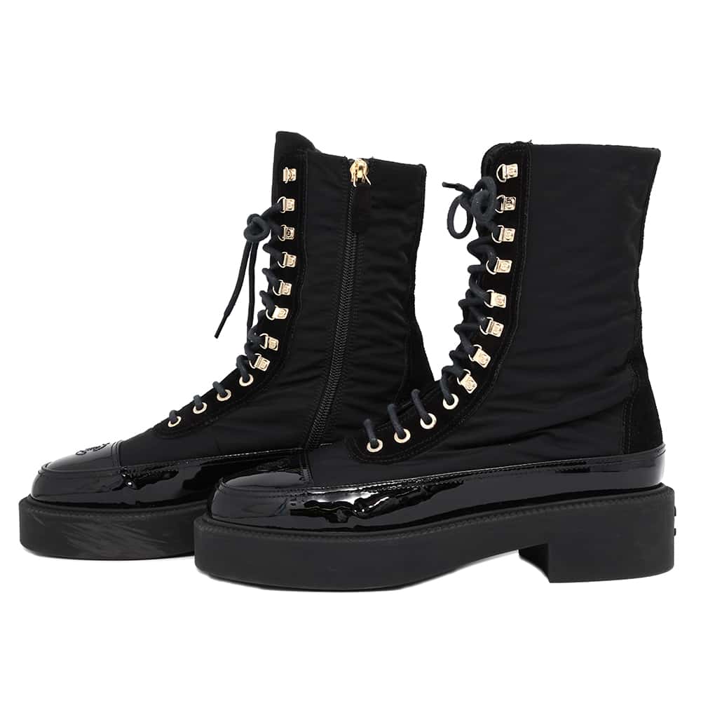 CHANEL CC Logo Boots BlackG38086 Nylon Leather Size 38C