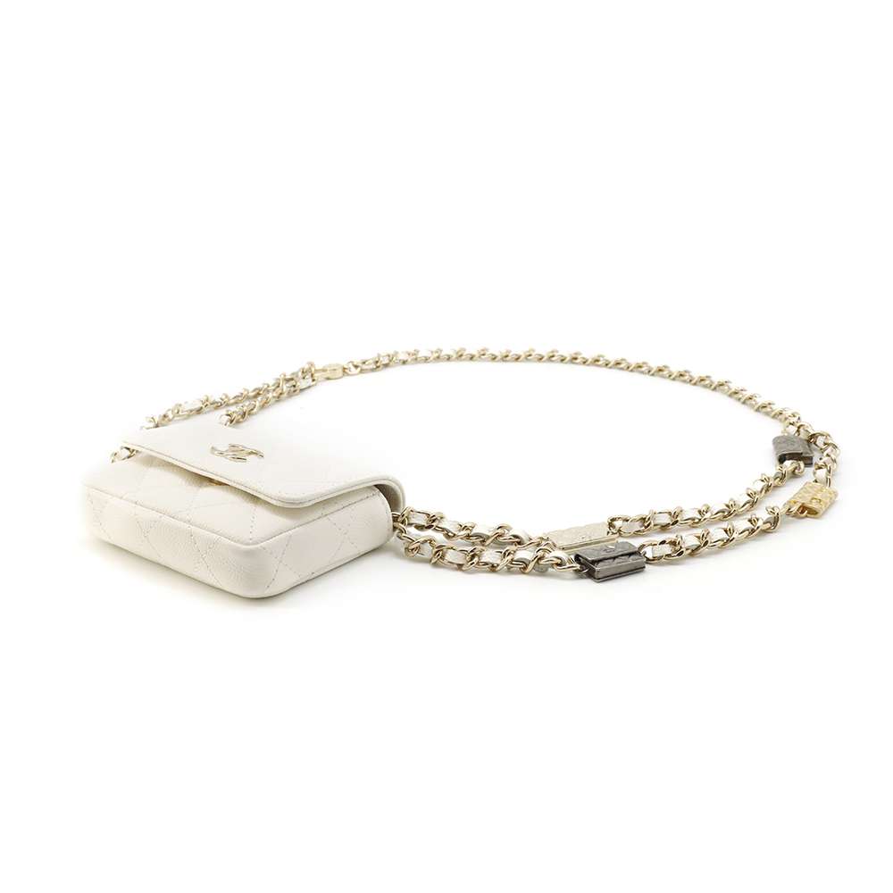 CHANEL CC Logo Mini Chain Belt Bag White Caviar Leather