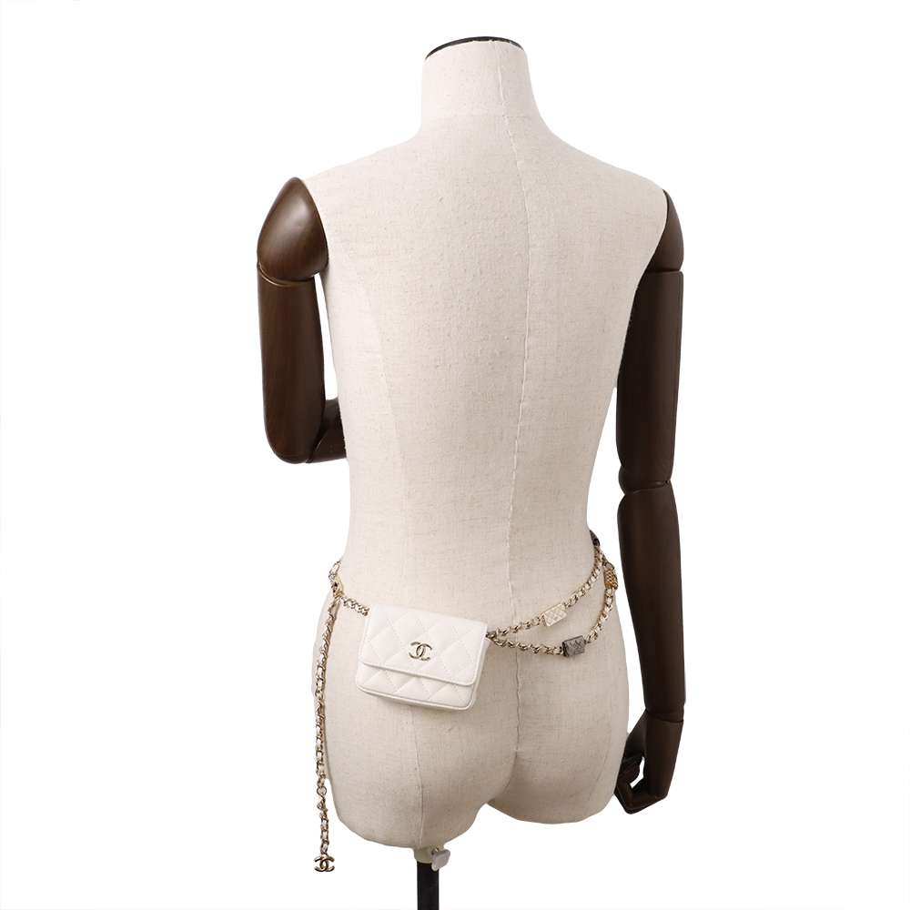 CHANEL CC Logo Mini Chain Belt Bag White Caviar Leather