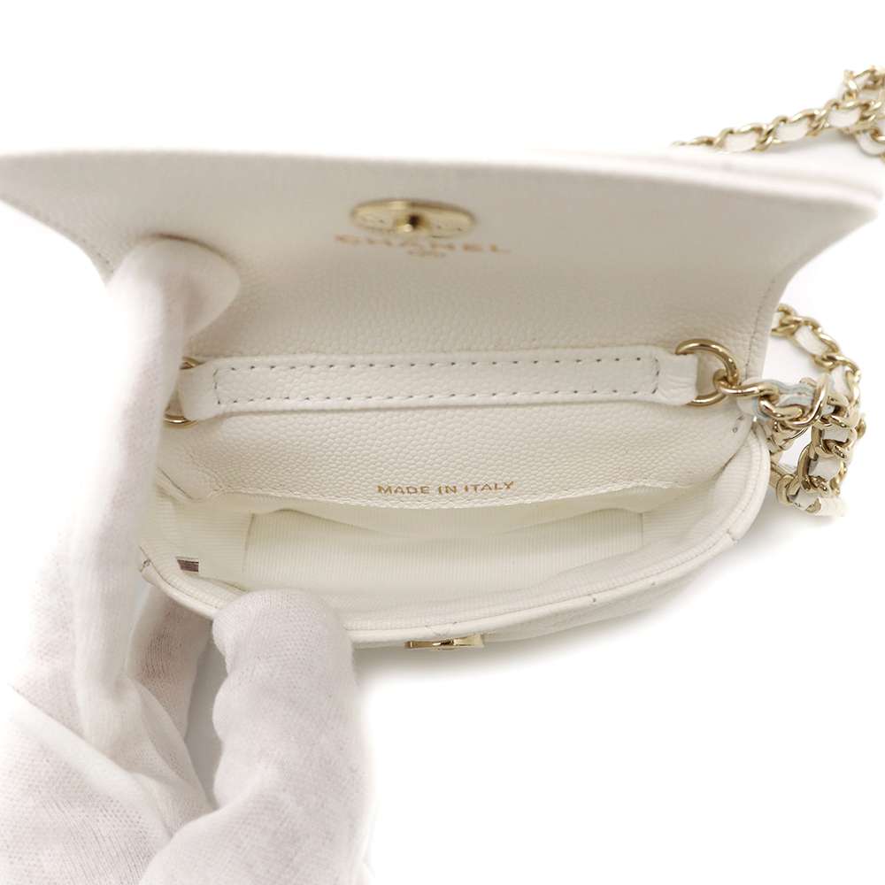 CHANEL CC Logo Mini Chain Belt Bag White Caviar Leather