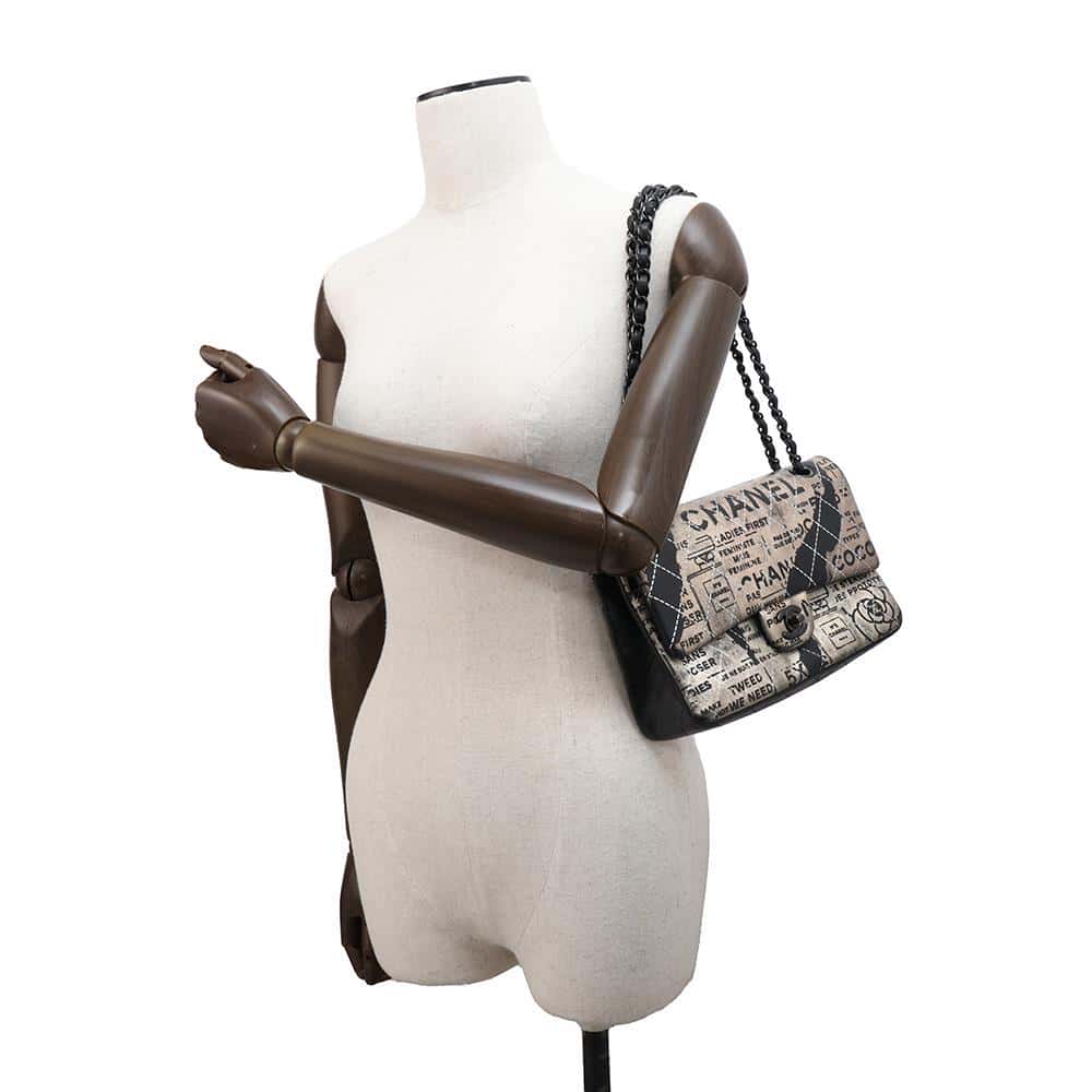 CHANEL Logo Print Double Flap ChainShoulder Bag BlackA01112 Leather