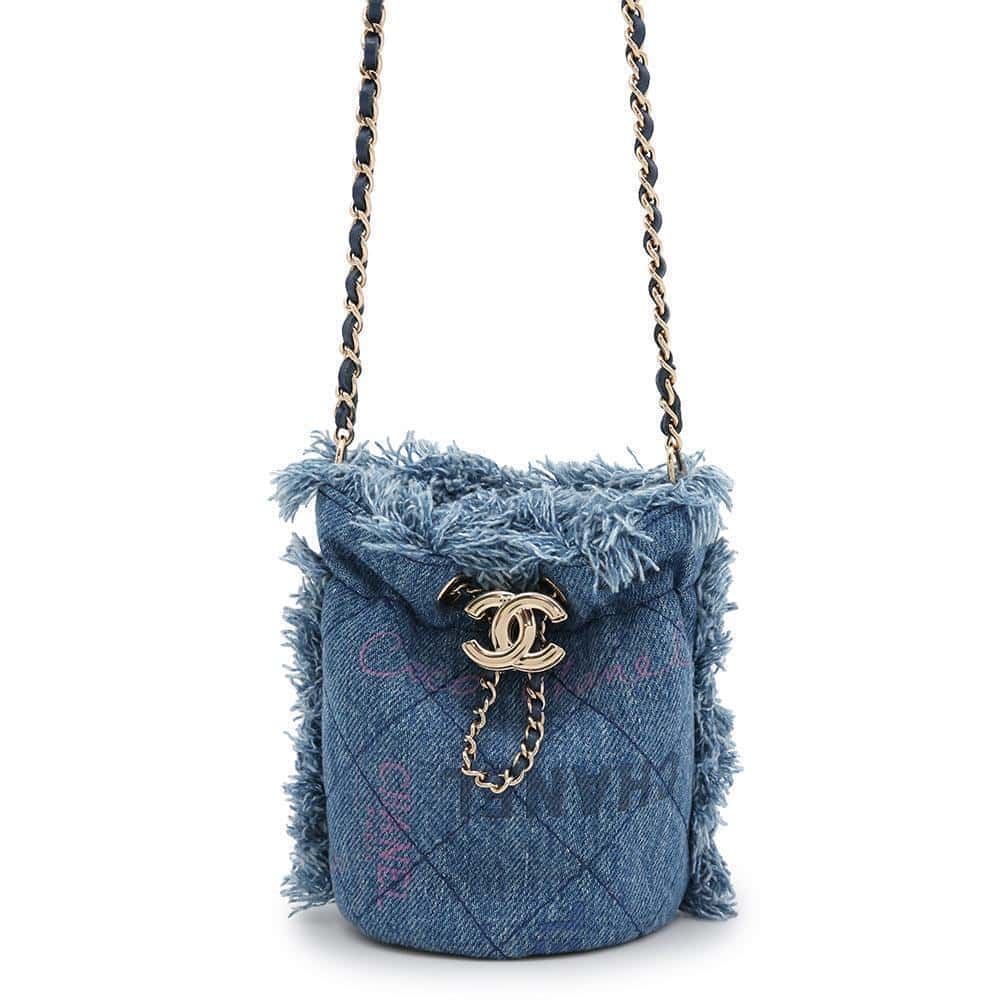 CHANEL Logo Mini Drawstring Bag Shoulder BlueAP2603 Denim Leather