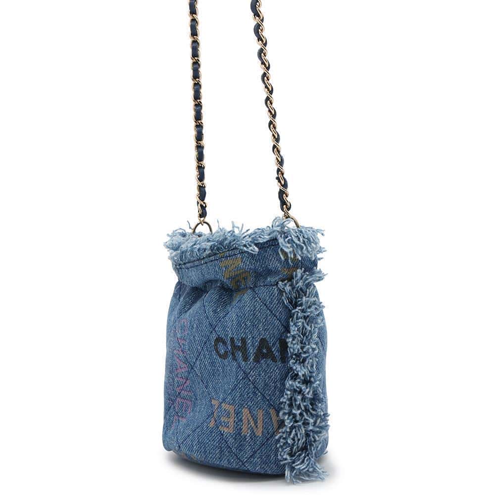 CHANEL Logo Mini Drawstring Bag Shoulder BlueAP2603 Denim Leather