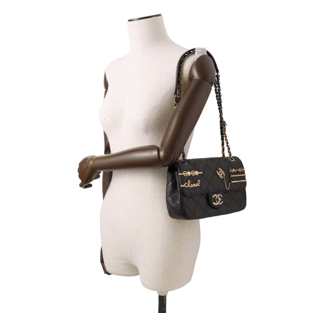 CHANEL Matelasse Bag Charm Single Flap Chain Shoulder BlackAS2979 Lambskin
