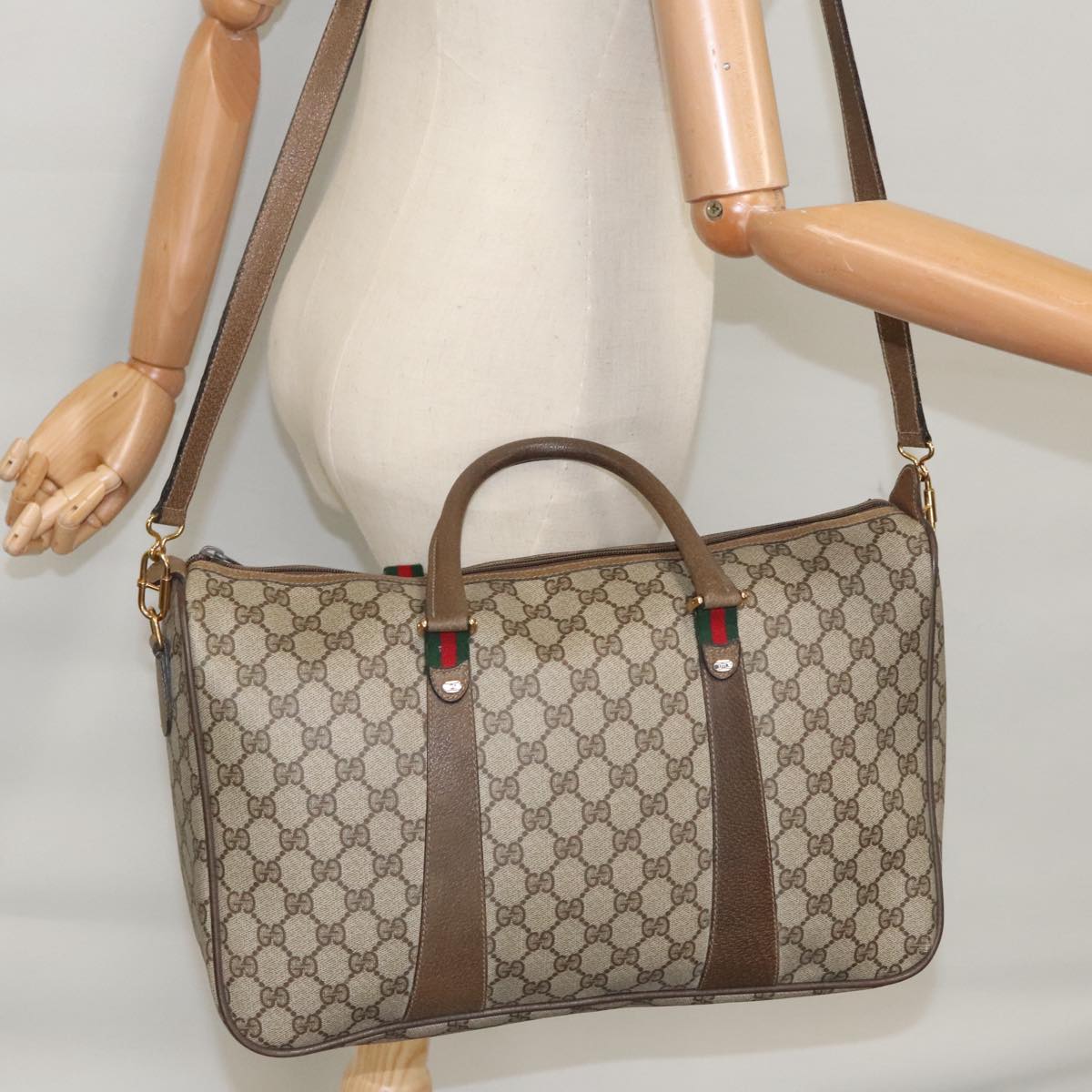 GUCCI Web Sherry Line GG Supreme Hand Bag PVC 2way Beige 39 02 041 99665
