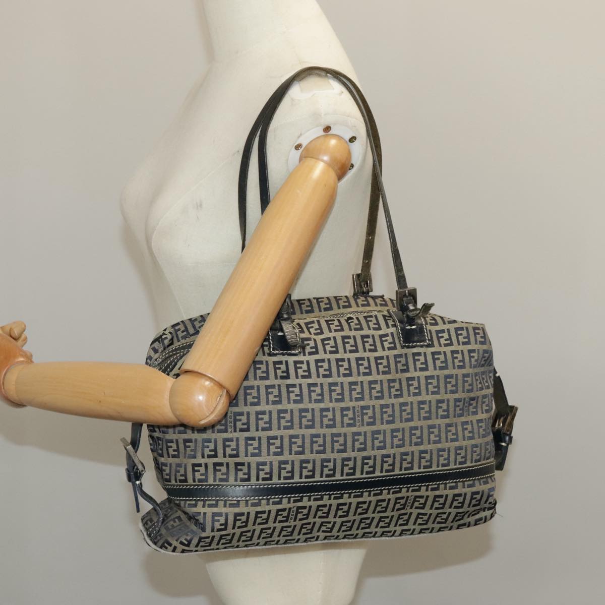 FENDI Zucchino Canvas Hand Bag Navy Silver 99666