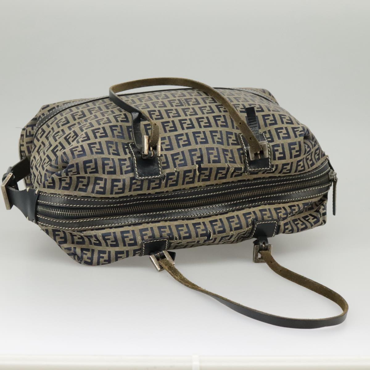 FENDI Zucchino Canvas Hand Bag Navy Silver 99666