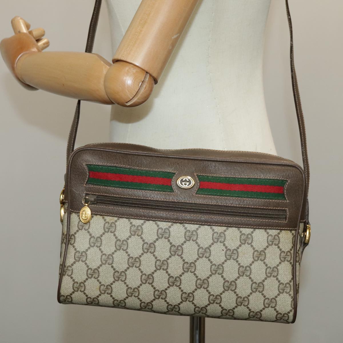 GUCCI GG Supreme Web Sherry Line Shoulder Bag PVC Beige 119 02 088 99670