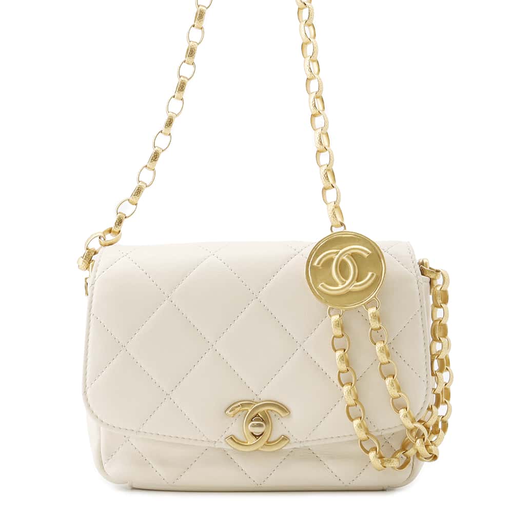 CHANEL Matelasse Coin Motif ChainShoulder Bag WhiteAS2222 Lambskin