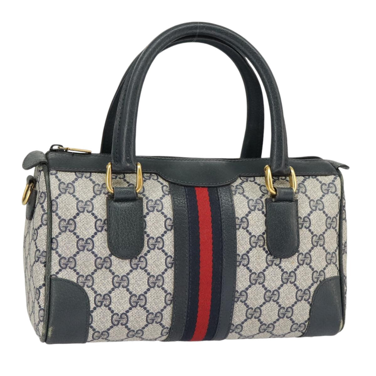 GUCCI GG Supreme Sherry Line Hand Bag PVC Navy Gold Red 002 39 0069 99687