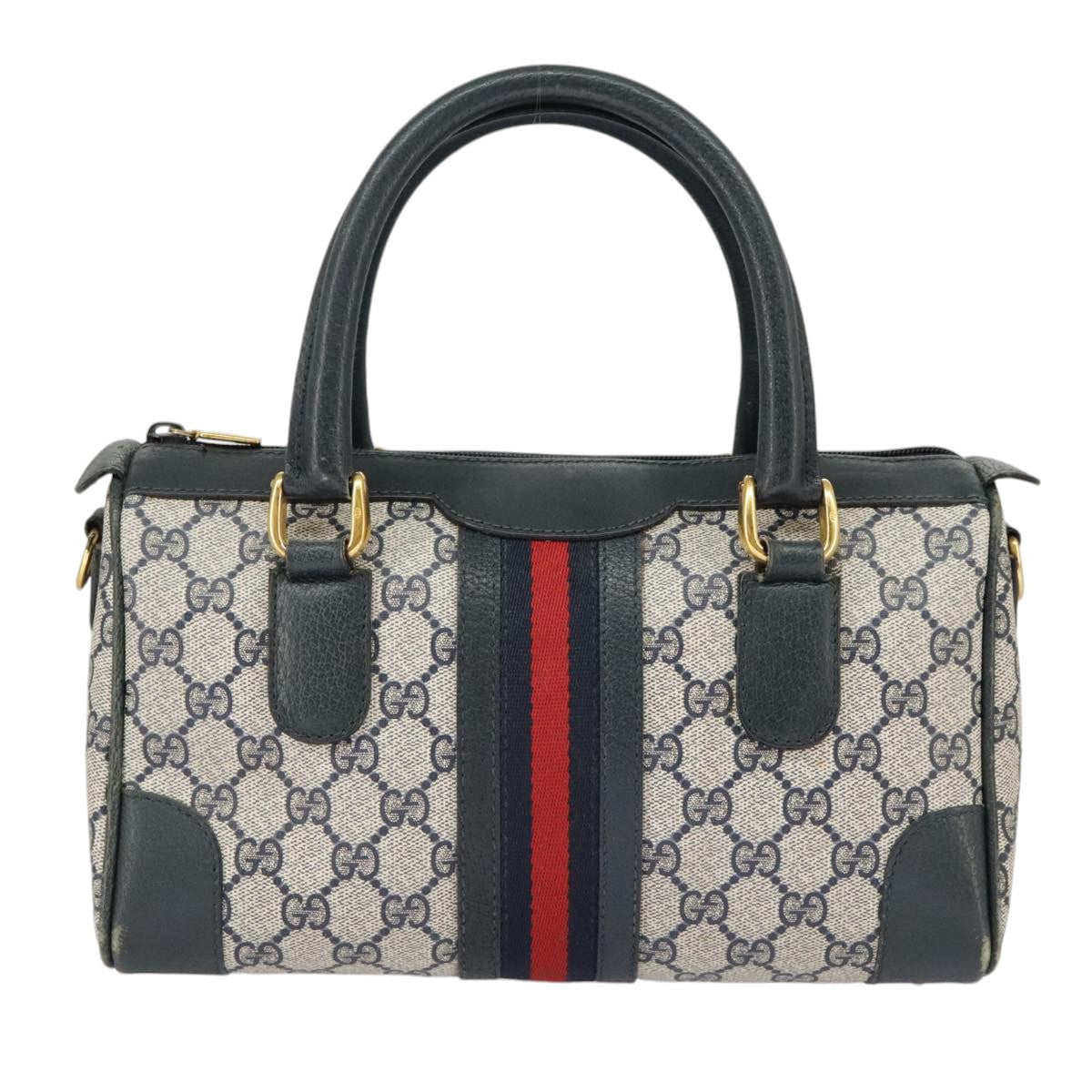 GUCCI GG Supreme Sherry Line Hand Bag PVC Navy Gold Red 002 39 0069 99687