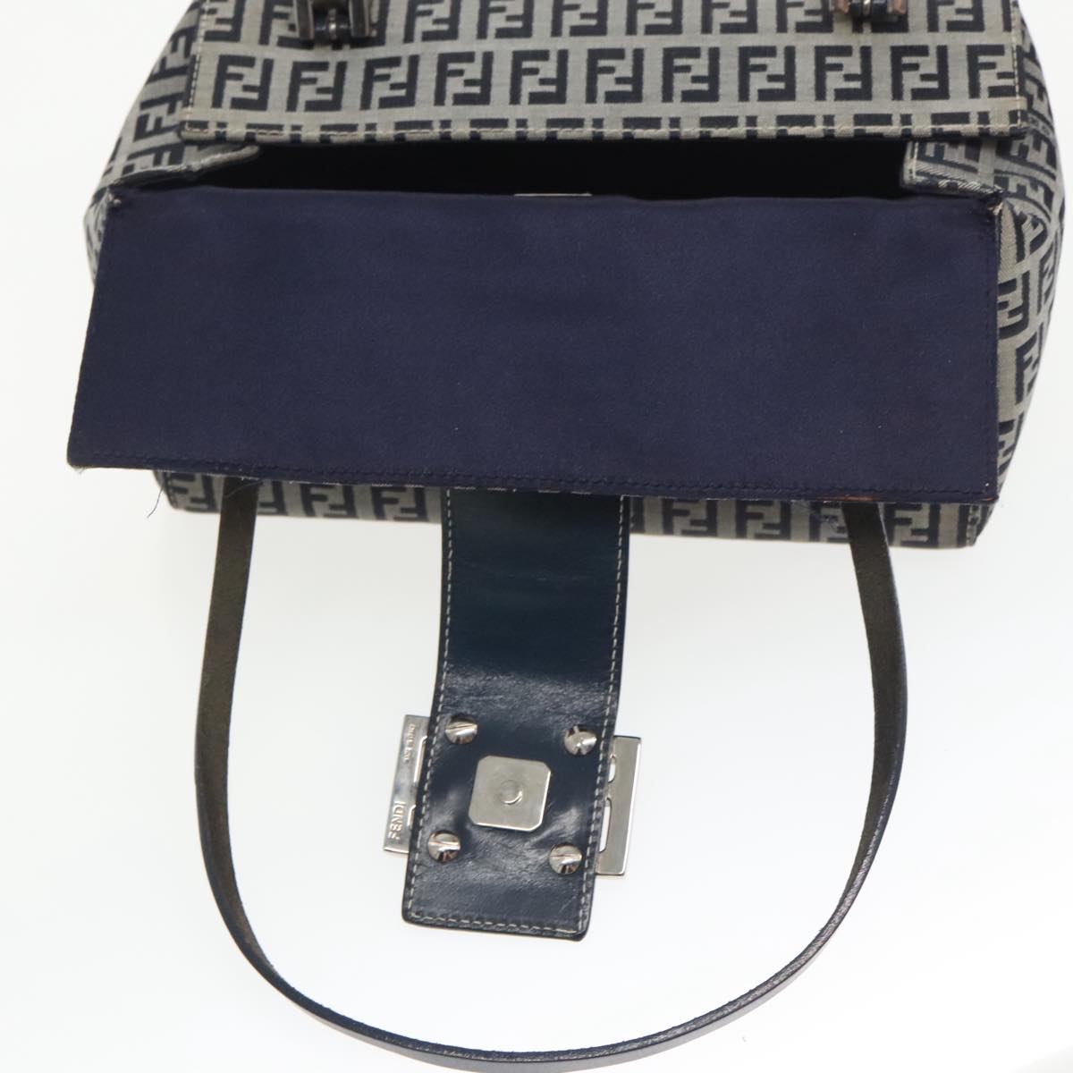 FENDI Zucchino Canvas Hand Bag Navy Silver 99690