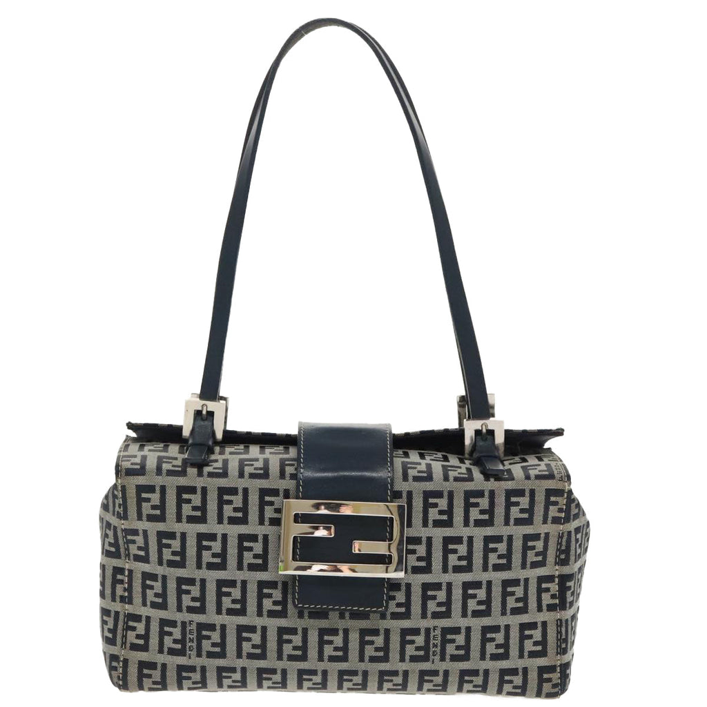 FENDI Zucchino Canvas Hand Bag Navy Silver 99690