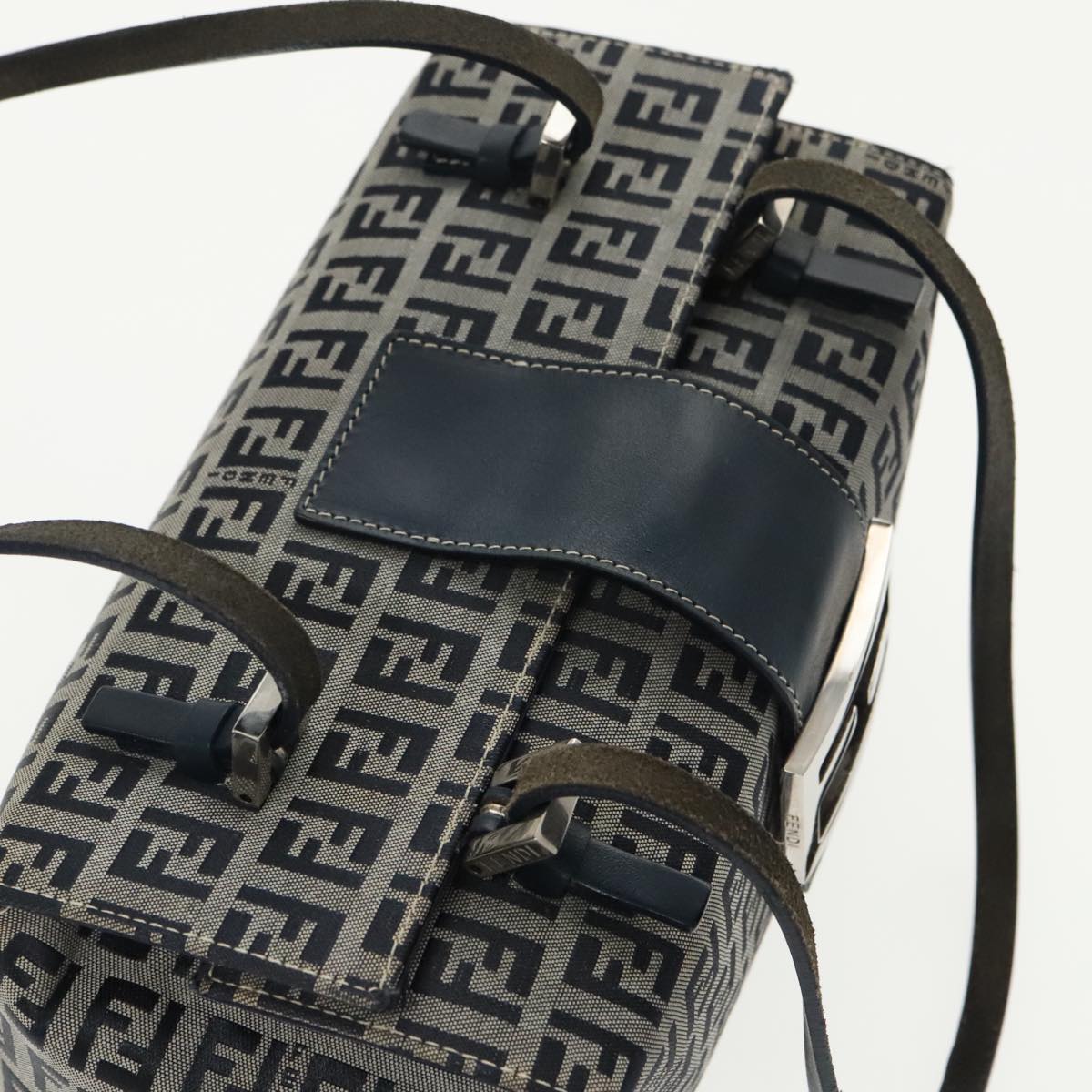 FENDI Zucchino Canvas Hand Bag Navy Silver 99690