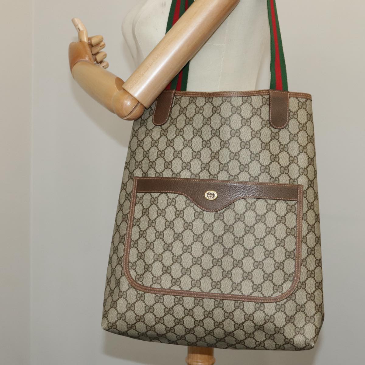 GUCCI GG Supreme Web Sherry Line Tote Bag PVC Red Beige 123 02 003 99732
