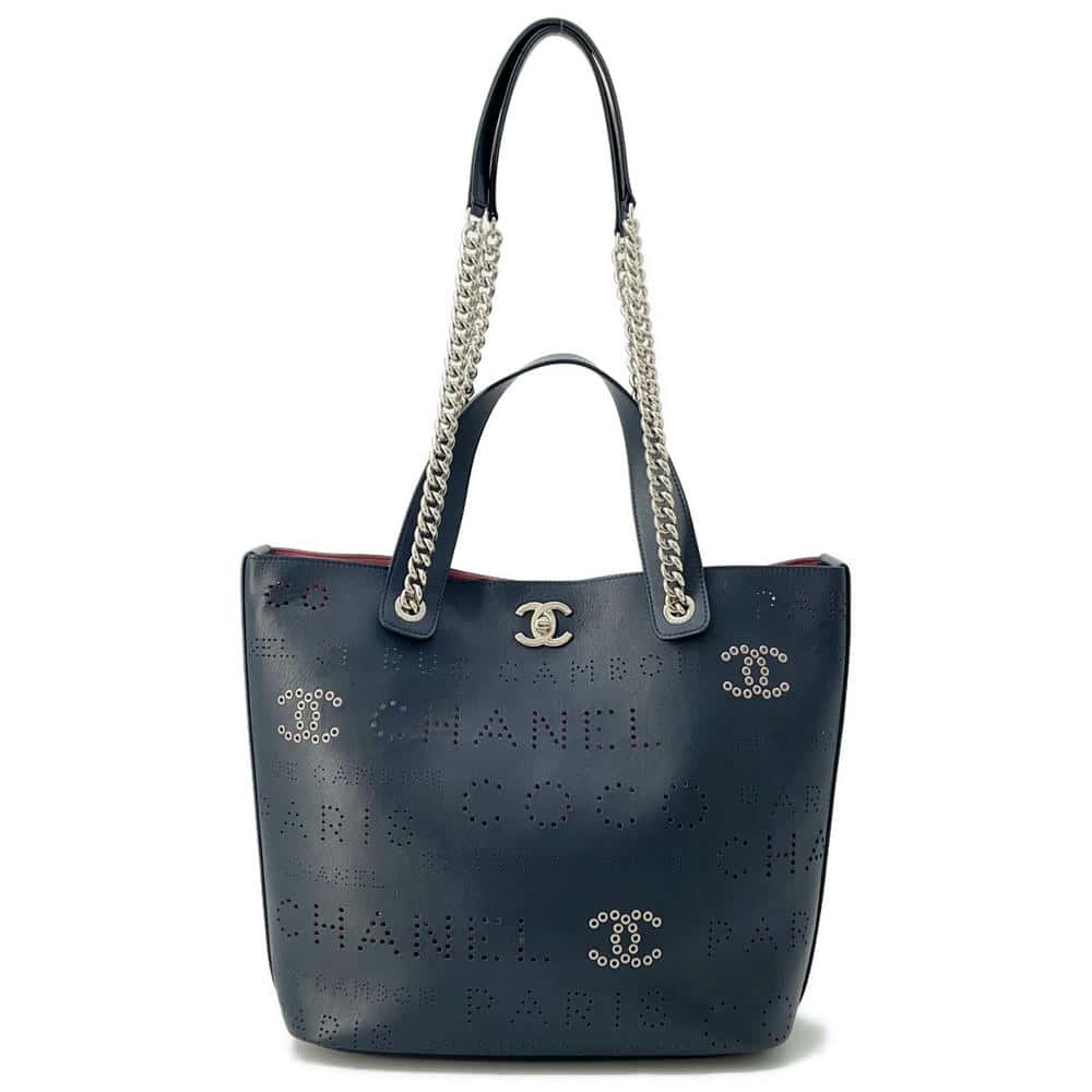 CHANEL Punching logo 2WAY Chain tote NavyAS0487 Leather