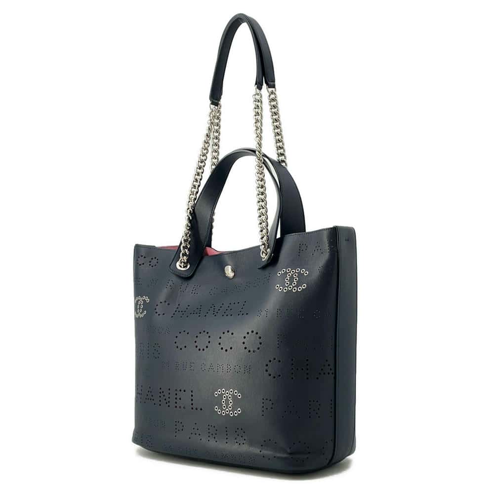 CHANEL Punching logo 2WAY Chain tote NavyAS0487 Leather