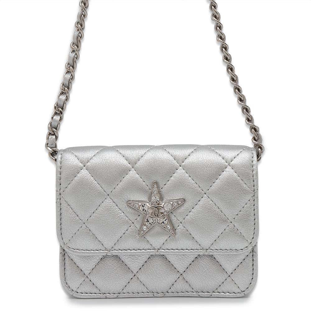 CHANEL Years Gift Star Motif Chain Waist Pouch Silver Lambskin