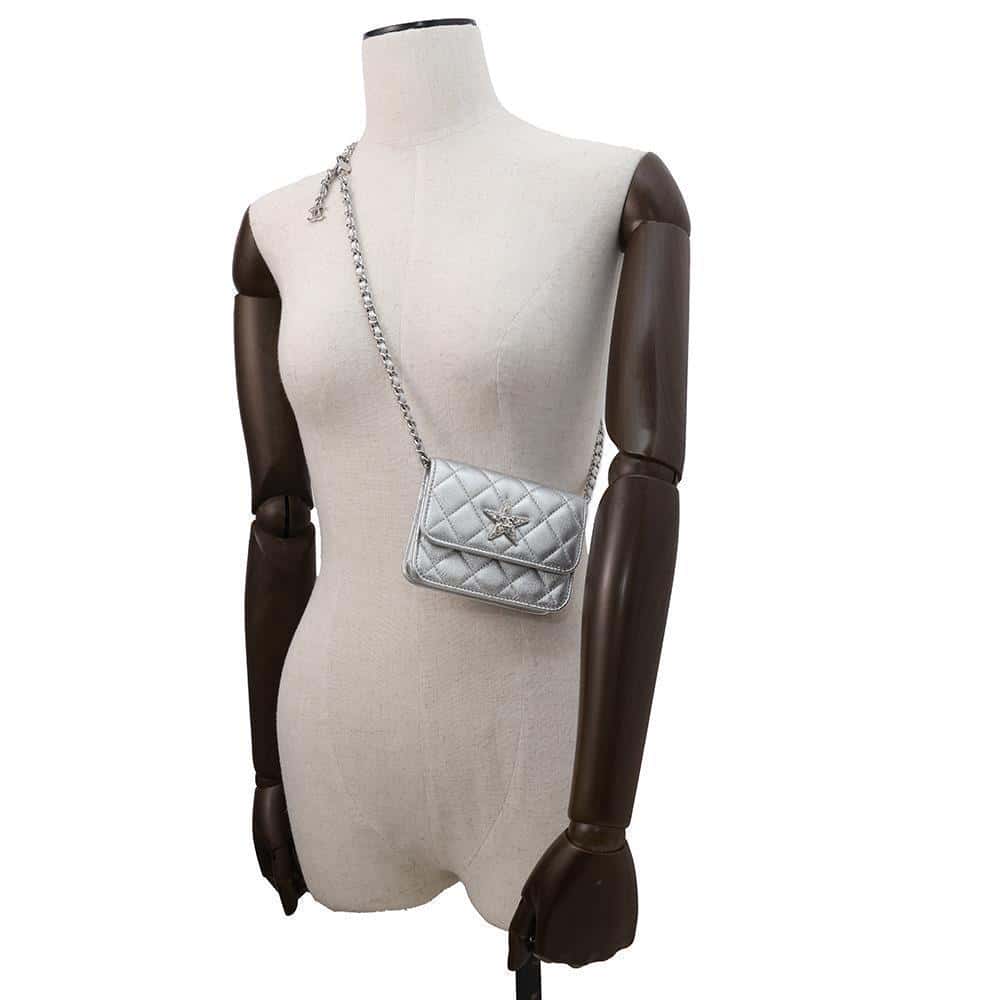 CHANEL Years Gift Star Motif Chain Waist Pouch Silver Lambskin
