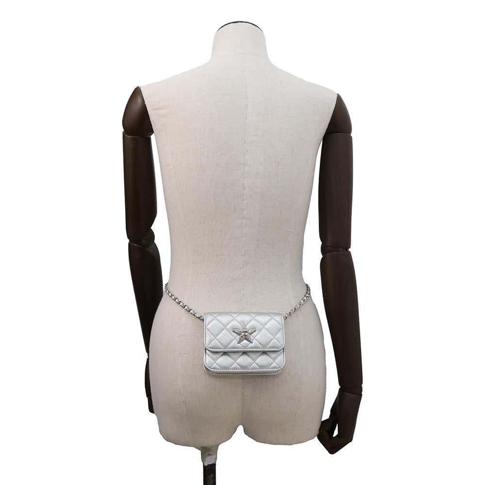 CHANEL Years Gift Star Motif Chain Waist Pouch Silver Lambskin