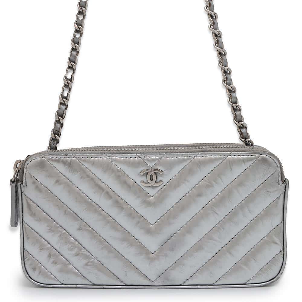 CHANEL Chevron Chain wallet SilverA82527 Calf Leather